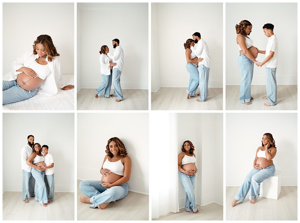 maternity session with family wearing jeans and white shirts