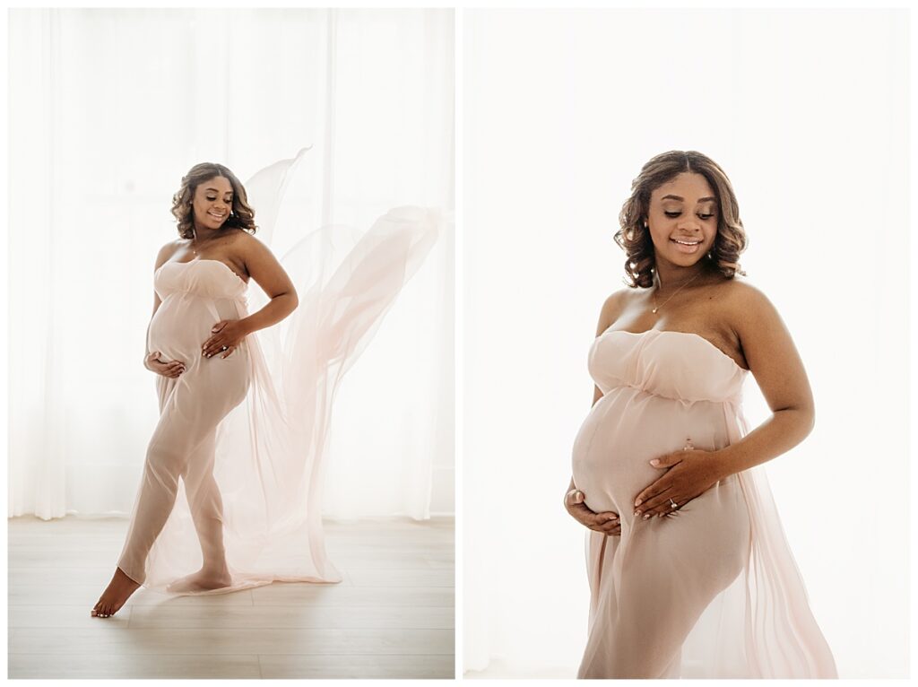 pregnant Mom draped in chiffon fabric